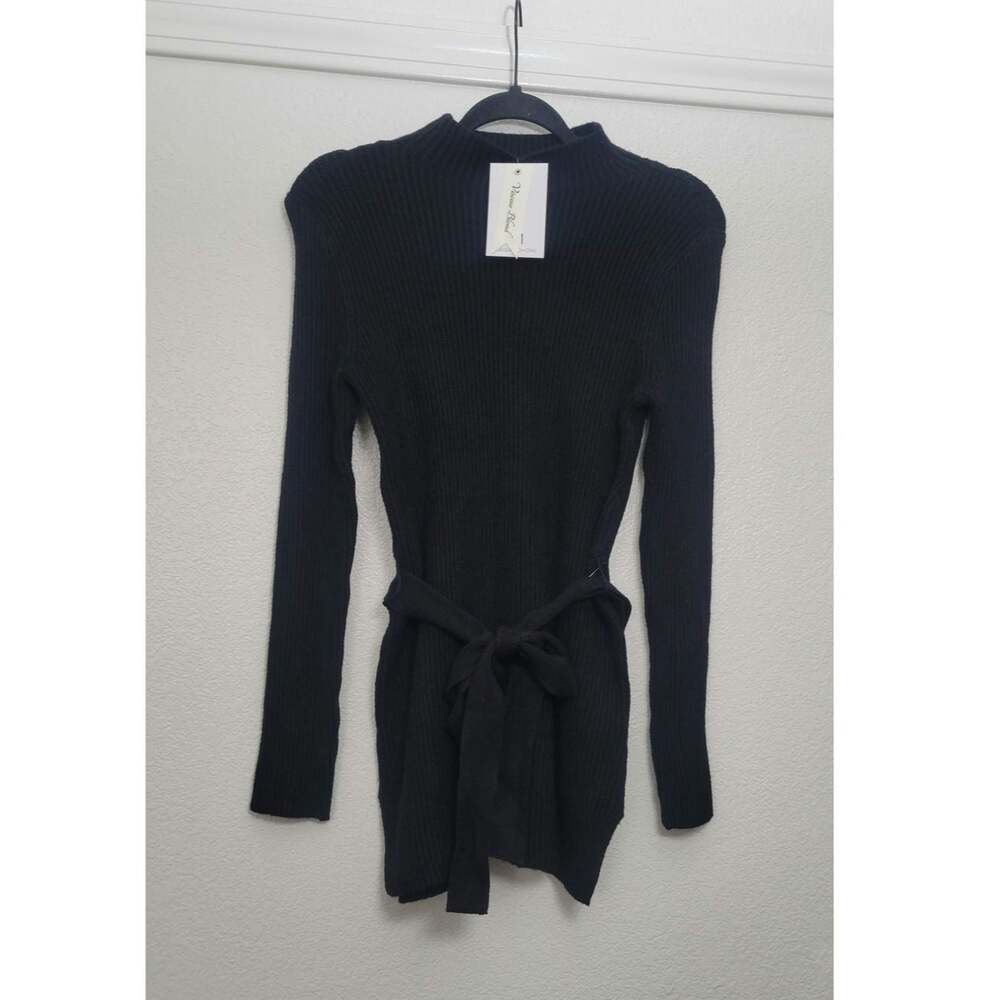 Magaschoni Womens XS Black Ribbed Knit Belted Tunic Sweater Mock Neck NWT